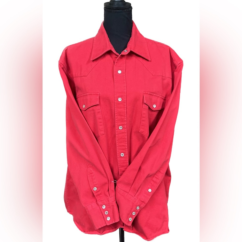 Vintage Marboro Adventure Country Western Red Denim Shirt Pearl Snap Size Large